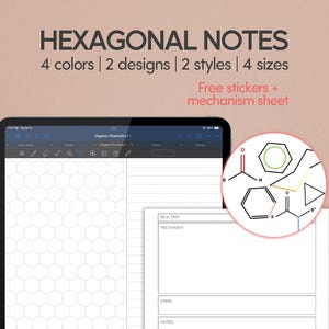 Organic Chemistry Hexagonal Note Paper | Student Mechanism Reaction Flashcard Template | Hexagon Paper | Stickers compatible with Goodnotes