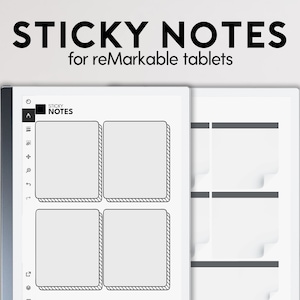 以下が含まれることがあります： 画面に4つの付箋メモのテンプレートが表示されたデジタルノート。画面の上部に「STICKY NOTES for reMarkable tablets」というテキストが表示されています。