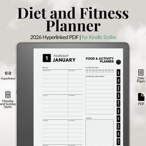Diet & Fitness Planner 2026 for Kindle Scribe | Daily Meal Tracker Digital PDF | Hyperlinked Workout Log Template