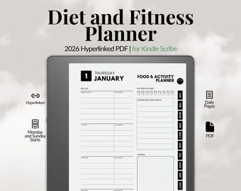 Diet & Fitness Planner 2026 for Kindle Scribe | Daily Meal Tracker Digital PDF | Hyperlinked Workout Log Template