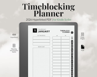 2026 Timeblock Planner for Kindle Scribe | Daily Productivity Template Digital PDF | Time Blocking E-Ink Organizer