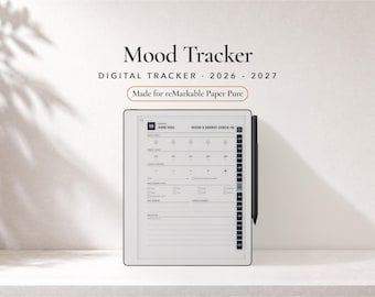 Può includere: Un tracker digitale dell'umore per il 2026-2027 visualizzato su uno schermo di tablet con uno stilo nero fissato lateralmente. Lo schermo mostra un modello di controllo dell'umore e dell'energia con caselle. Testo: Mood Tracker, Digital Tracker, Made for reMarkable Paper Pure.