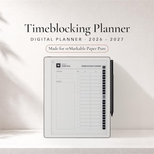 Peut inclure: Un agenda numérique de blocage temporel pour reMarkable Paper Pure, marqué 2026-2027. L'appareil affiche une interface de planning quotidien avec une grille, des créneaux horaires et un stylet noir fixé sur le côté. L'écran indique lundi 15 juin 2026.