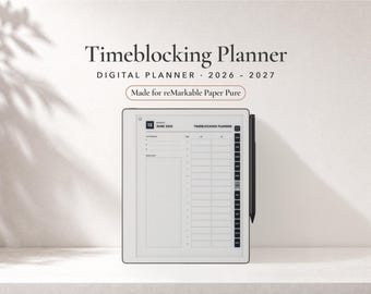 Può includere: Un'agenda digitale di timeblocking per reMarkable Paper Pure, etichettata 2026-2027. Il dispositivo mostra un'interfaccia di pianificazione giornaliera con una griglia, fasce orarie e uno stilo nero fissato sul lato. Lo schermo mostra lunedì 15 giugno 2026.