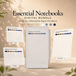 May include: A digital notebook bundle for reMarkable Paper Pro Move featuring three page styles: lined, graph, and dot grid. The display shows a lined notebook page with a stylus attached to the side. Each style includes a row of colored tabs.