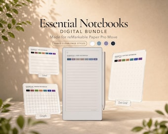 Può includere: Un pacchetto di quaderni digitali per reMarkable Paper Pro Move con tre stili di pagina: a righe, a quadretti e a puntini. Lo schermo mostra una pagina a righe con uno stilo sul lato. Ogni stile include una fila di schede colorate.