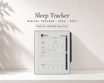 Può includere: Un tablet digitale per il monitoraggio del sonno per reMarkable Paper Pure che mostra un'interfaccia di registro del sonno con campi per data, ora di sveglia, qualità del sonno e note. Il dispositivo ha uno stilo nero fissato sul lato.