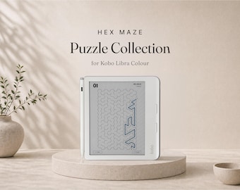 Può includere: Un e-reader Kobo Libra Colour bianco con uno stilo attaccato al lato, che mostra un puzzle a labirinto esagonale sullo schermo. Il testo sopra il dispositivo recita HEX MAZE Puzzle Collection for Kobo Libra Colour.