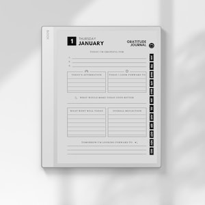 May include: A white digital gratitude journal with the date "Thursday, January 1" displayed. The journal includes prompts for daily reflections, affirmations, and goals. The words "Gratitude Journal" are at the top.