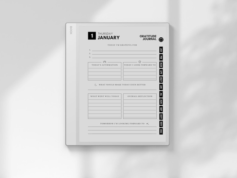 May include: A white digital gratitude journal with the date "Thursday, January 1" displayed. The journal includes prompts for daily reflections, affirmations, and goals. The words "Gratitude Journal" are at the top.