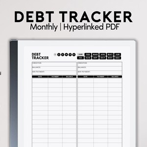 May include: A black and white printable debt tracker PDF with a monthly calendar and a table to track debt payments. The document is hyperlinked and includes 73 pages.