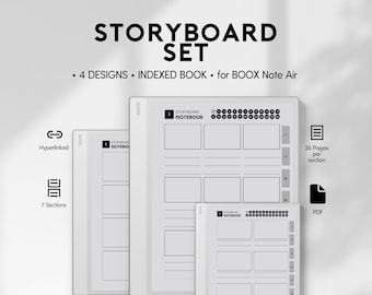 Può includere: Un set di storyboard digitali per BOOX Note Air, con 4 design e un libro indicizzato. L'immagine mostra un tablet bianco con un layout di storyboard, tra cui 7 sezioni, 26 pagine per sezione e un formato PDF.