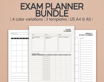 May include: A printable exam planner bundle with three templates: a monthly calendar, a review planner, and a weekly study planner. The bundle includes four color variations and is available in US letter and A5 sizes.