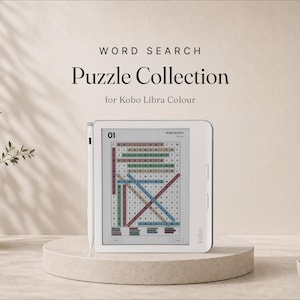 May include: A white Kobo Libra Colour e-reader with a stylus attached to the side. The screen displays a word search puzzle with the text 'WORD SEARCH Puzzle Collection for Kobo Libra Colour' visible above the device on the background.