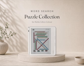 May include: A white Kobo Libra Colour e-reader with a stylus attached to the side. The screen displays a word search puzzle with the text 'WORD SEARCH Puzzle Collection for Kobo Libra Colour' visible above the device on the background.