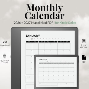 Agenda mensuel de deux ans pour Kindle Scribe | 2026 - 2027 PDF interactif avec hyperlien | Cahier à dessin | Agenda numérique minimaliste