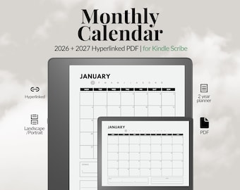 Agenda mensual de dos años para Kindle Scribe / PDF interactivo con hipervínculos 2026-2027 / Cuaderno Scribe / Agenda digital minimalista