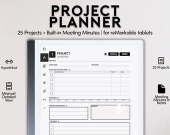 Project & Meeting Minutes Planner for reMarkable 2 | Business Project Management | 25 Projects Hyperlinked PDF