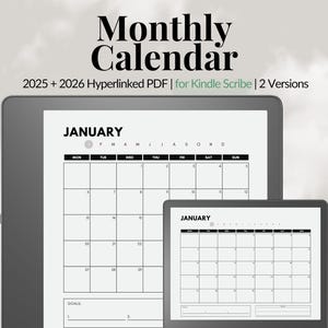 Two-Year Monthly Calendar Planner for Kindle Scribe | 2025 - 2026 Interactive Hyperlinked PDF | Scribe Notebook | Digital Minimalist Planner