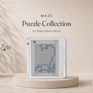 以下が含まれることがあります： 画面に迷路パズルが表示された白いKobo Libra Colour電子書籍リーダーと、お揃いの白いスタイラスペン。デバイスの上部には「MAZE Puzzle Collection for Kobo Libra Colour」というテキストがあり、画面には「01」と表示されています。
