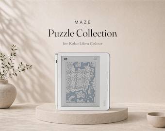 Op de afbeelding: Een witte Kobo Libra Colour e-reader met een doolhofpuzzel op het scherm, vergezeld van een bijpassende witte stylus. De tekst MAZE Puzzle Collection for Kobo Libra Colour is zichtbaar boven het apparaat, met het nummer 01 op het scherm.