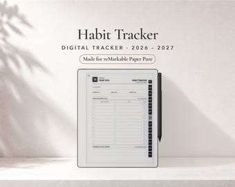 Può includere: Un tracker di abitudini digitale per reMarkable Paper Pure che mostra un'interfaccia calendario 2026-2027. Lo schermo presenta un layout di monitoraggio giornaliero con caselle di controllo, date e una barra di navigazione. Uno stilo nero è fissato.