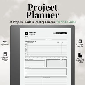 Planificador de proyectos para Kindle Scribe / Registro de actas de reuniones y acciones / PDF con hipervínculos para 25 proyectos / Plantilla digital