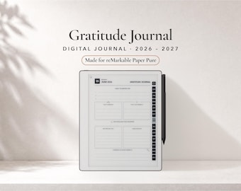 Può includere: Un diario di gratitudine digitale per reMarkable Paper Pure, che mostra un layout di calendario 2026-2027 sullo schermo di un tablet. L'interfaccia presenta un prompt di gratitudine quotidiana, uno stilo nero e chiare intestazioni di testo.