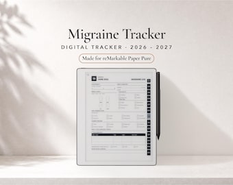 Può includere: Un tablet digitale che mostra un tracker per l'emicrania per il 2026-2027, progettato per reMarkable Paper Pure. Lo schermo visualizza un registro dettagliato con sezioni per intensità del dolore, sintomi e farmaci, con uno stilo nero sul lato.