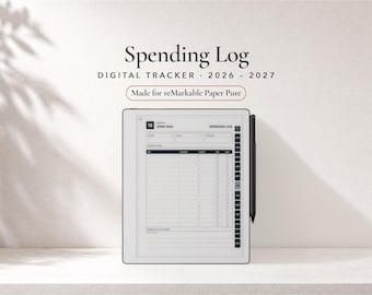 Può includere: Un tracker digitale delle spese per il 2026-2027 visualizzato su un tablet reMarkable Paper Pure. Lo schermo mostra un'interfaccia di foglio di calcolo finanziario con colonne per data, categoria, importo e stato, con una penna stilo nera.