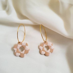 Checkered Neutral Flower Hoops |Polymer Clay Earrings