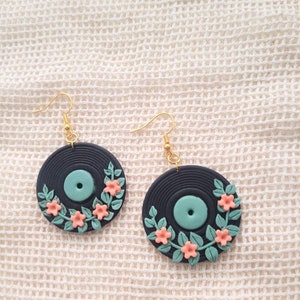 Floral Record Dangles | Cottagecore Polymer Clay Earrings