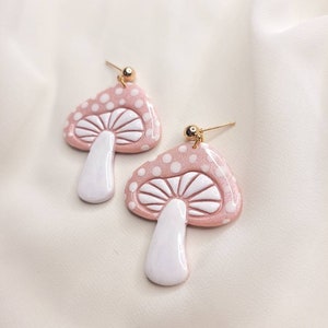 Sparkly Pink Mushroom Dangles | Polymer Clay Earrings