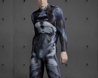 Futuristic Cold Wolf Fur Costume Men, Festival Bodysuit, Halloween