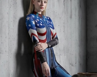 Patriotic American Flag Bodysuit – Women's 4th of July Costume Jumpsuit