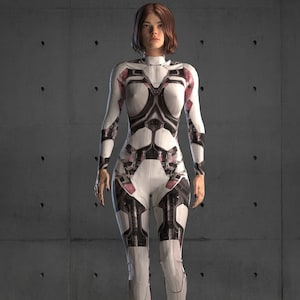 Puede incluir: Una mujer con un mono futurista blanco y negro con detalles en rosa. El mono tiene un diseño texturizado y mecánico.