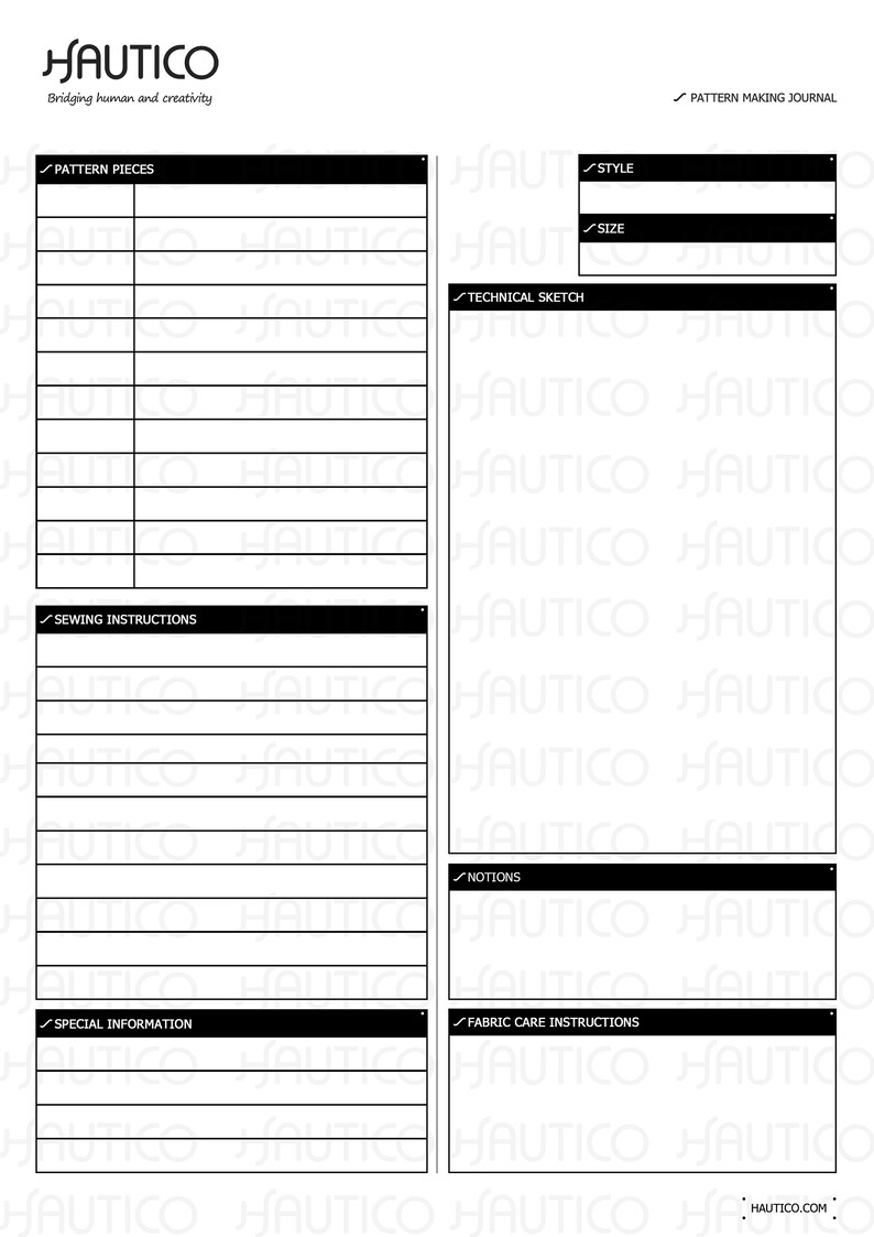 Puede incluir: Un diario blanco para la creaci&oacute;n de patrones con el logotipo de HAUTICO en la parte superior. El diario incluye secciones para piezas de patr&oacute;n, estilo, talla, bocetos t&eacute;cnicos, instrucciones de costura, nociones, informaci&oacute;n especial e instrucciones de cuidado de la tela.