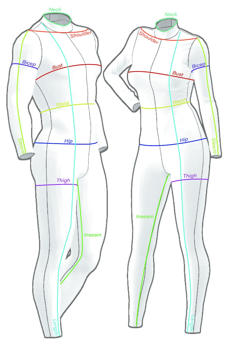 Puede incluir: Diagrama que muestra las medidas del cuerpo para la ropa, incluyendo cuello, hombro, busto, cintura, cadera, muslo, entrepierna y longitud.