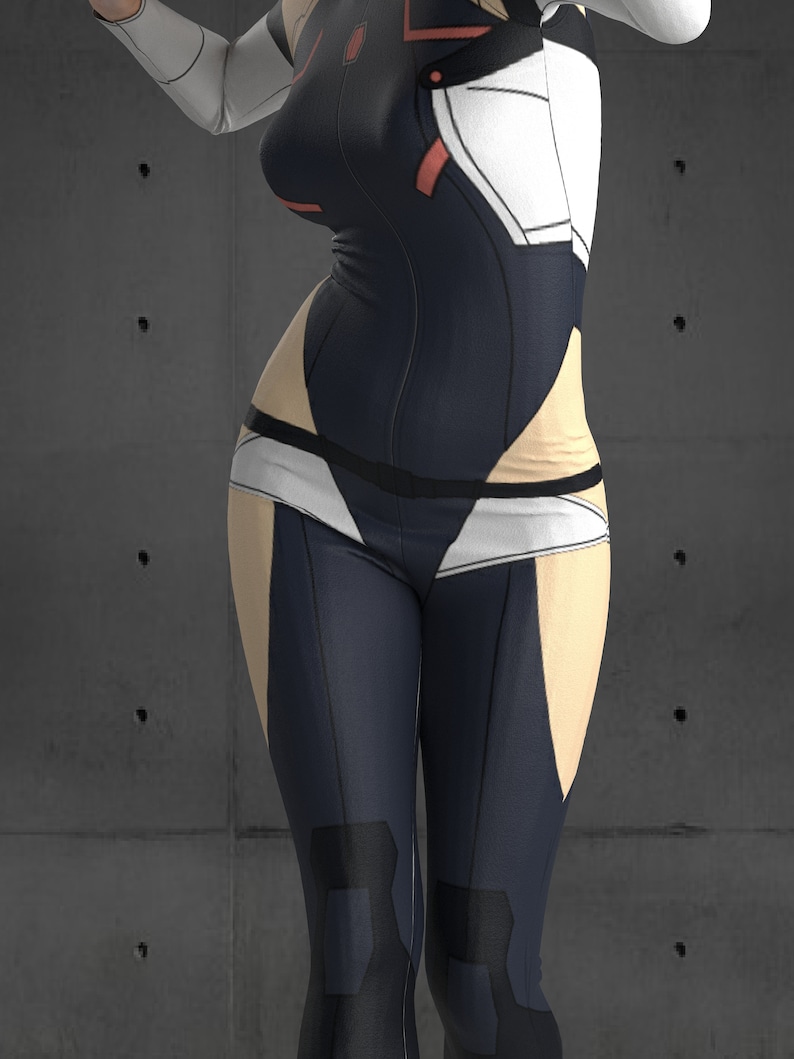 May include: A black and white jumpsuit with red accents. The jumpsuit has a zipper down the front and a belt around the waist. The legs of the jumpsuit are tight-fitting and have a geometric pattern.