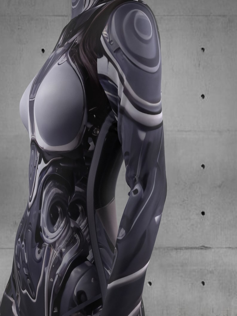 Puede incluir: Un body ajustado con un dise&ntilde;o futurista. La prenda presenta un patr&oacute;n abstracto y arremolinado en tonos grises, negros y blancos. El dise&ntilde;o crea un efecto tridimensional, con luces y sombras que acent&uacute;an los contornos del cuerpo.