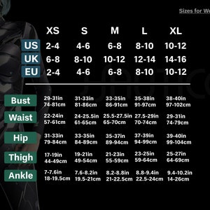 Puede incluir: Tabla de tallas para ropa de mujer con medidas en pulgadas y cent&iacute;metros. La tabla muestra las tallas XS, S, M, L y XL, con las tallas US, UK y EU correspondientes. Las medidas se proporcionan para el busto, la cintura, la cadera, el muslo y el tobillo.
