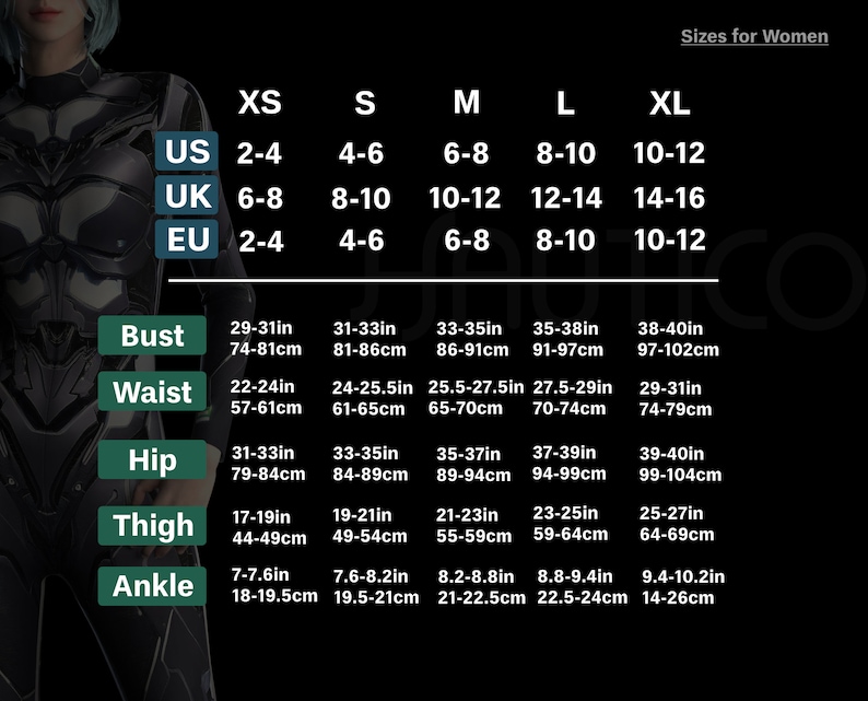 Puede incluir: Tabla de tallas para ropa de mujer con medidas en pulgadas y cent&iacute;metros. La tabla muestra las tallas XS, S, M, L y XL, con las tallas US, UK y EU correspondientes. Las medidas se proporcionan para el busto, la cintura, la cadera, el muslo y el tobillo.