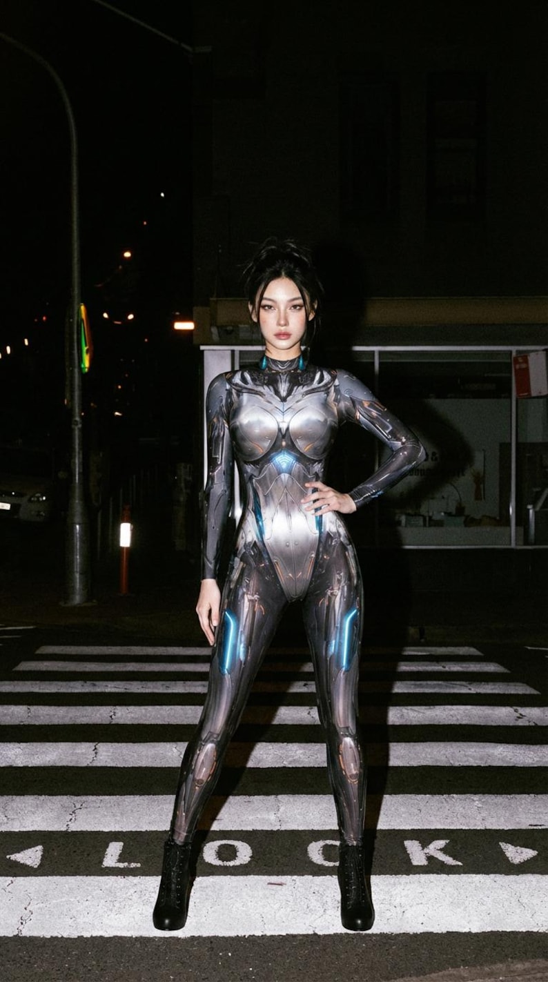Kostium Cyborg Bodysuit dla kobiet, styl Cyberpunk, Halloween, strój Burning Man A142 zdjęcie 2