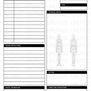 Puede incluir: Un diario blanco para la creaci&oacute;n de patrones con la palabra "HAUTICO" en la parte superior. El diario incluye secciones para piezas de patr&oacute;n, estilo, talla, bocetos t&eacute;cnicos, instrucciones de costura, nociones, informaci&oacute;n especial e instrucciones de cuidado de la tela.