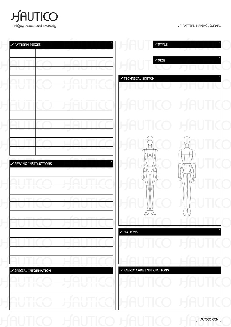 Puede incluir: Un diario blanco para la creaci&oacute;n de patrones con la palabra "HAUTICO" en la parte superior. El diario incluye secciones para piezas de patr&oacute;n, estilo, talla, bocetos t&eacute;cnicos, instrucciones de costura, nociones, informaci&oacute;n especial e instrucciones de cuidado de la tela.