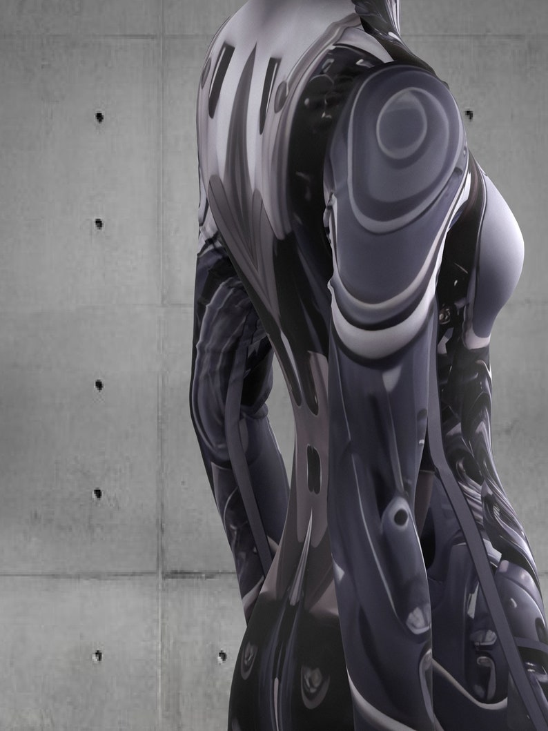 Puede incluir: Una escultura abstracta renderizada digitalmente con una est&eacute;tica futurista. La forma es principalmente gris oscuro y plateada, con superficies lisas y reflectantes y detalles intrincados de aspecto mec&aacute;nico. El fondo es una pared de hormig&oacute;n gris.