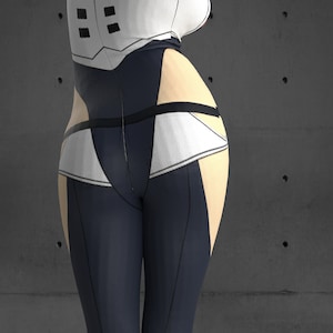 May include: A black and white jumpsuit with a white belt and a zipper down the front. The jumpsuit has a fitted silhouette and a high waist.