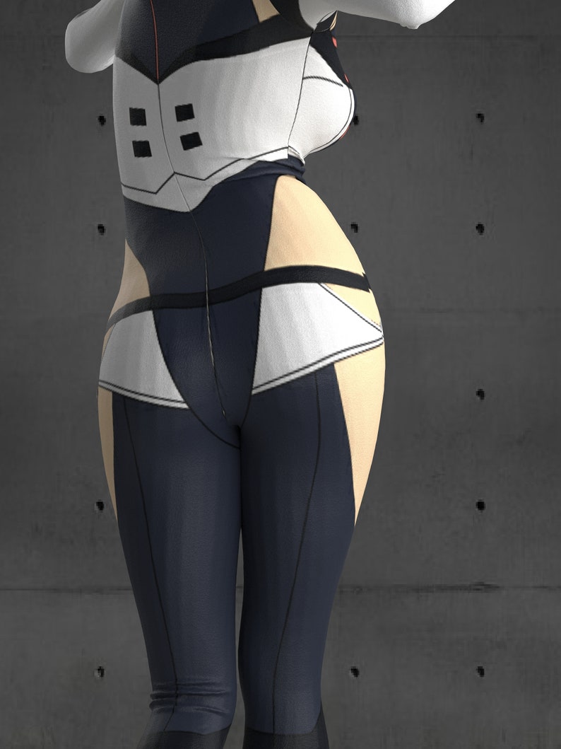 May include: A black and white jumpsuit with a white belt and a zipper down the front. The jumpsuit has a fitted silhouette and a high waist.