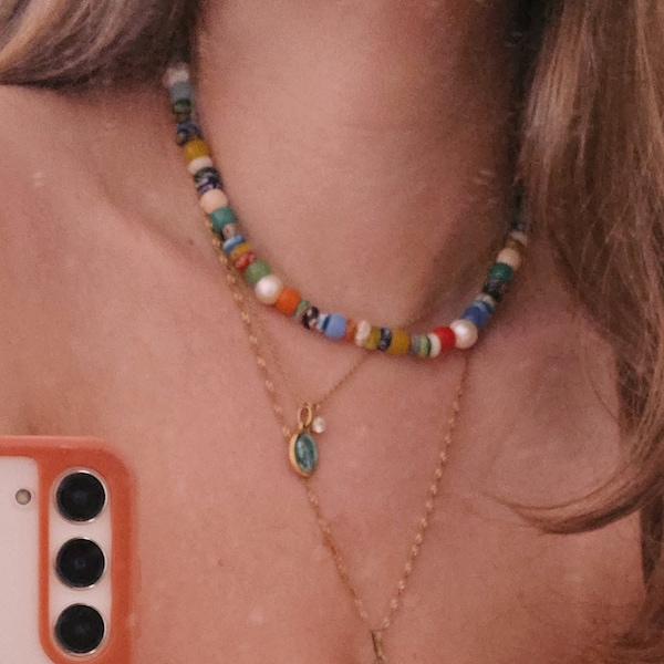 Collar de perlas y cuentas millefiori / perlas de agua dulce / cierre chapado en oro / joyería colorida / 45 cm
