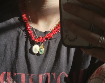 Red Coral Beaded Necklace | 18K Gold Filled Clasp, Shell Pendant, 17.5 Inches